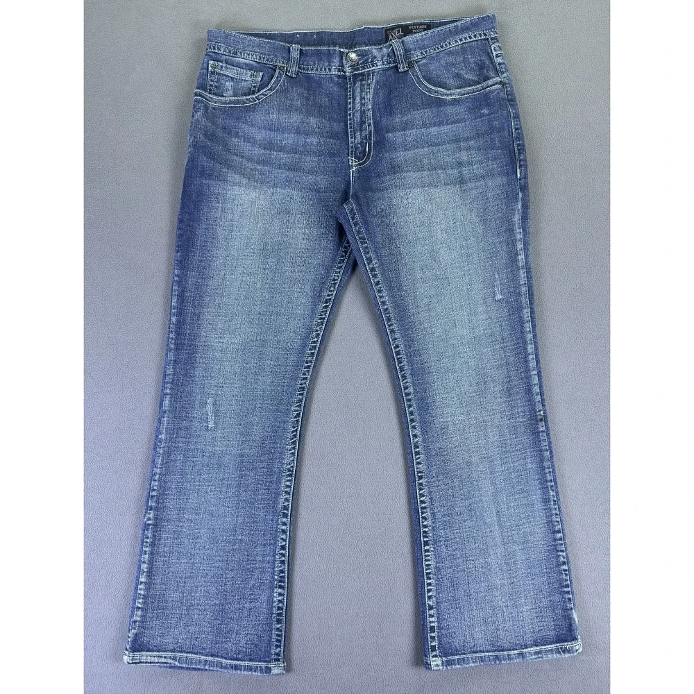 TK Axel Jeans Mens 38x32 Blue Vintage Bootcut Cowboy Flap Pocket Embroidered Y2K